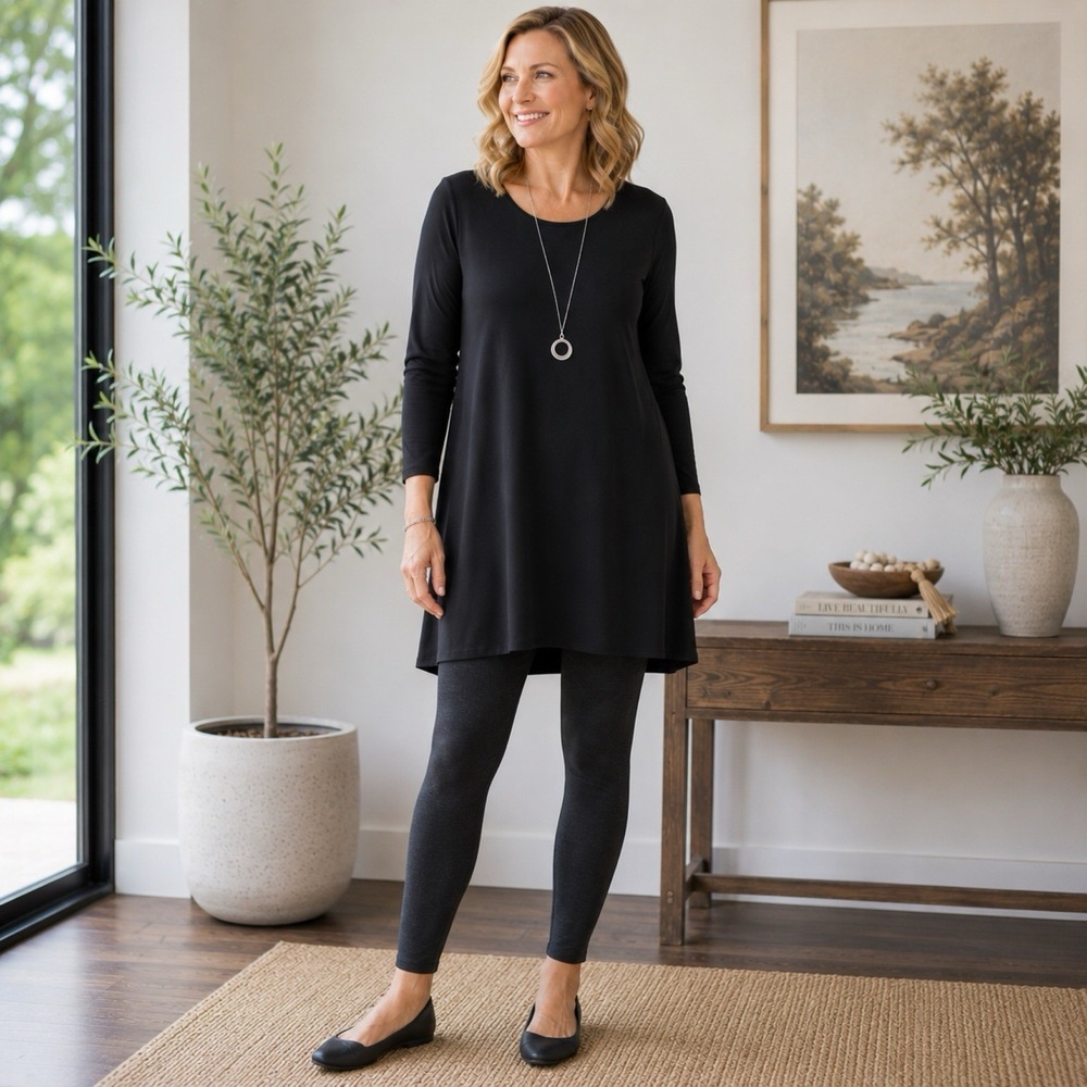 Sympli Size 16 Black Swing Tunic Top Long Sleeve Scoop Neck Made Canada